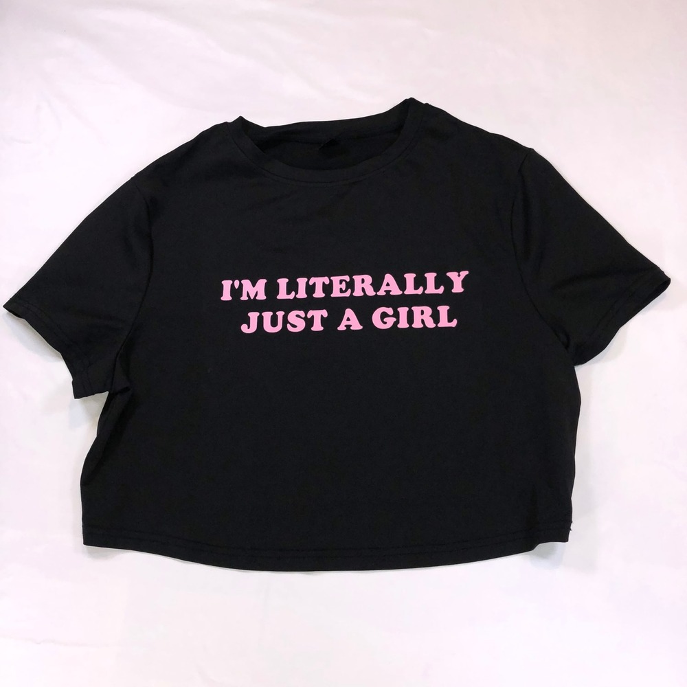 Curve Im Literally Just A Girl Black Pink Graphic Crop Top Tee 1XL